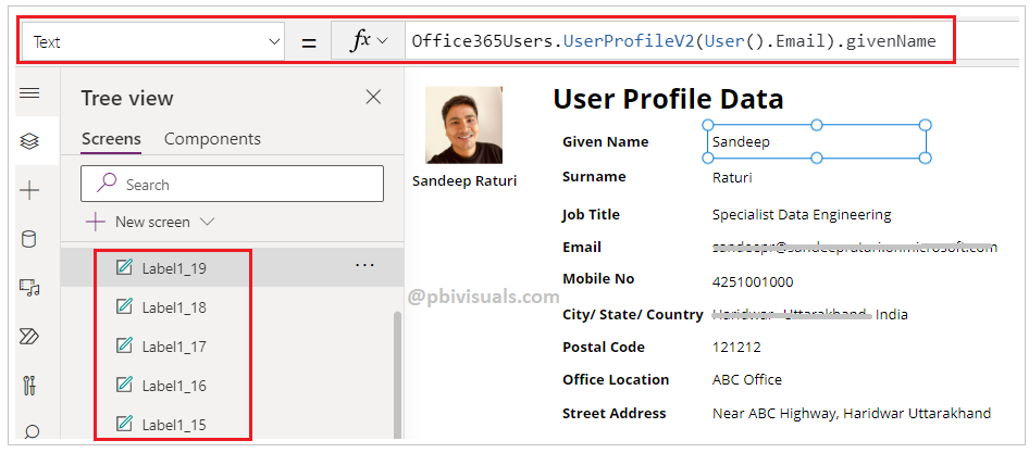 Office 365 users formula power apps
